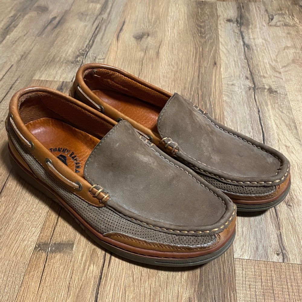 Tommy Bahama Mens 8M DK Olive Perforated Leather Boat Shoes Loafers Moccasins‎